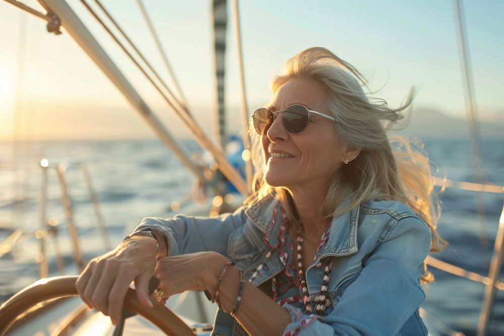 Woman sitting on a yacht bow female transportation photography.