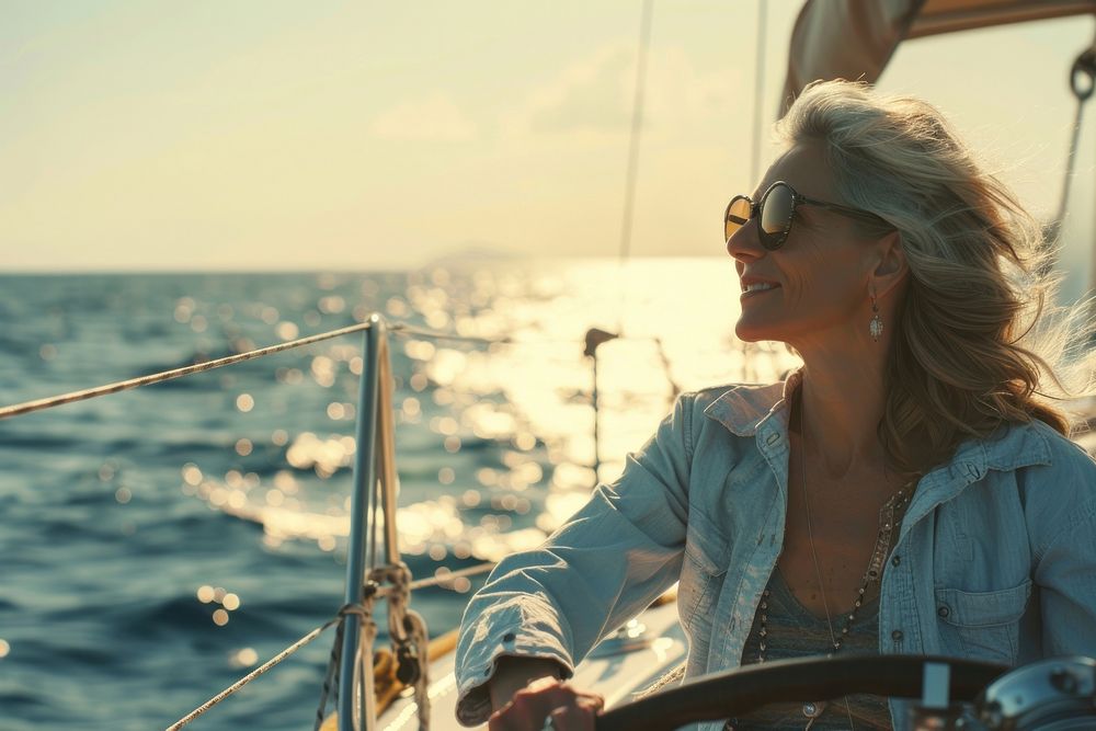 Woman sitting on a yacht bow sailboat female transportation.