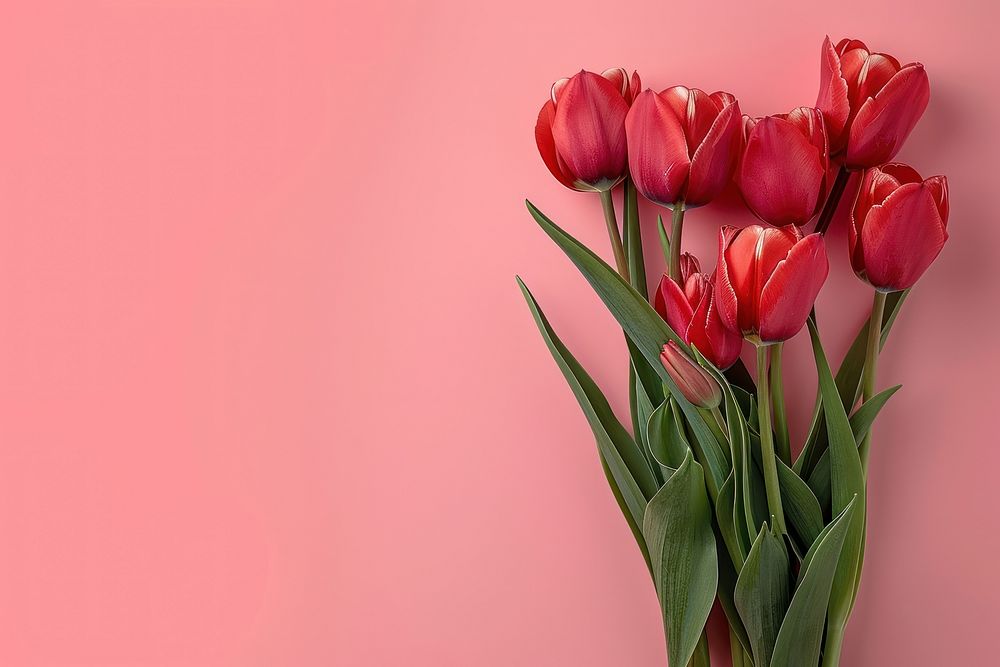 Banner with lush red tulip flower blossom plant.