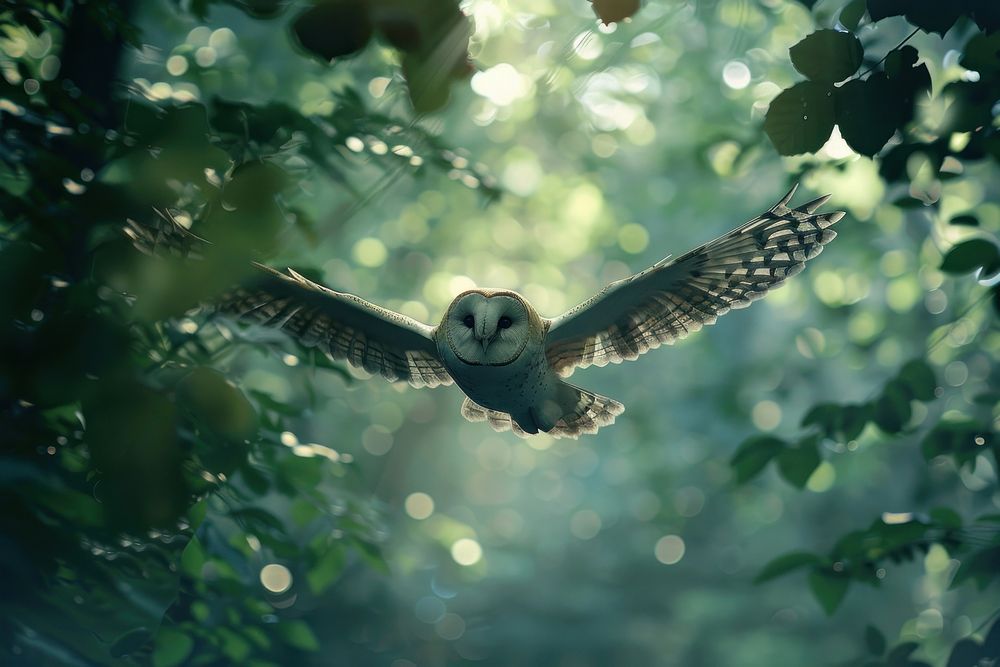 Barn owl flying forest vegetation outdoors.