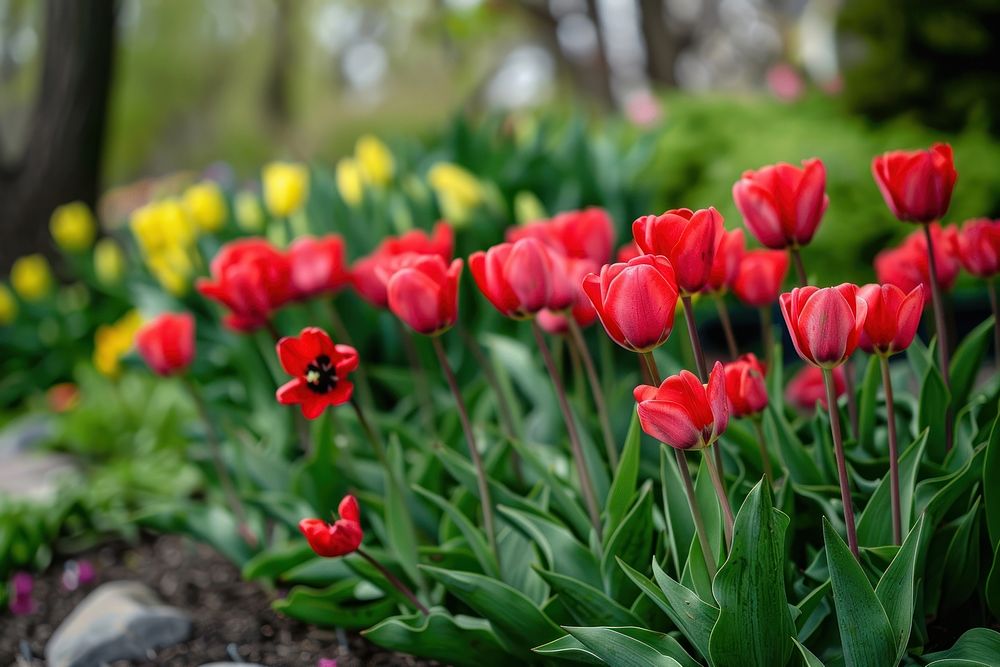 Bright red Tulip flowers plant tulip vegetation.