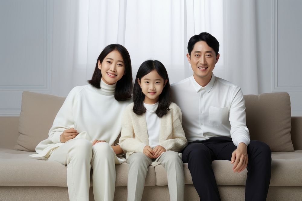 Joyful korean Family on minimal modern Couch family couch furniture.