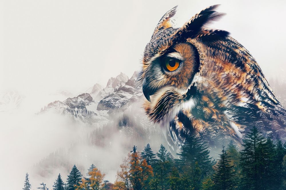 Double Exposure of an owl vegetation outdoors animal.