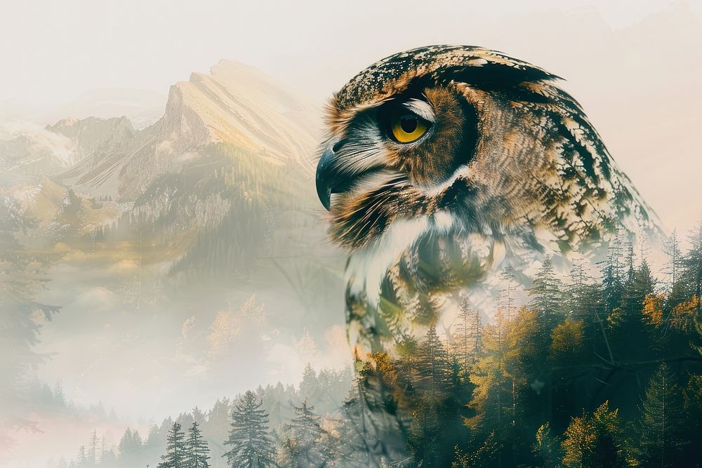 Double Exposure of an owl forest vegetation outdoors.