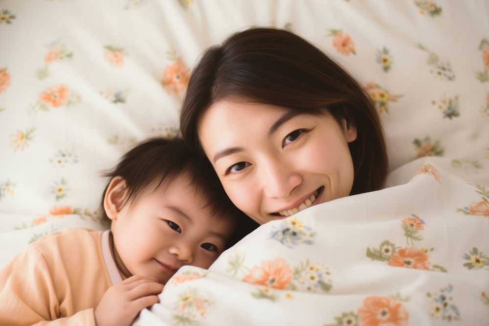 Happy japanese mom and baby blanket people person.