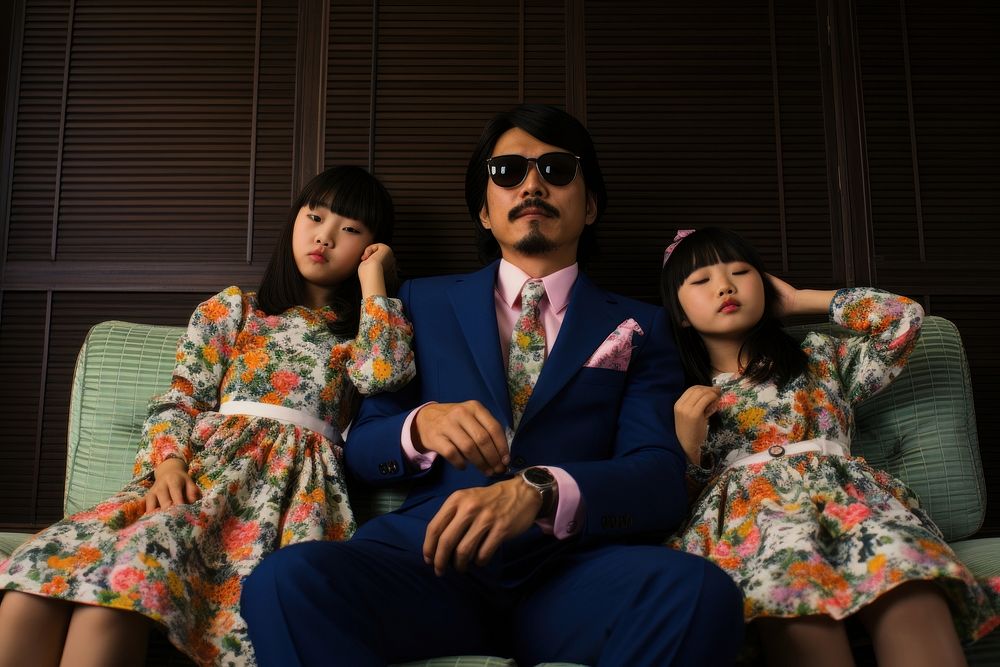 Joyful japanese Family on Couch couch accessories sunglasses.