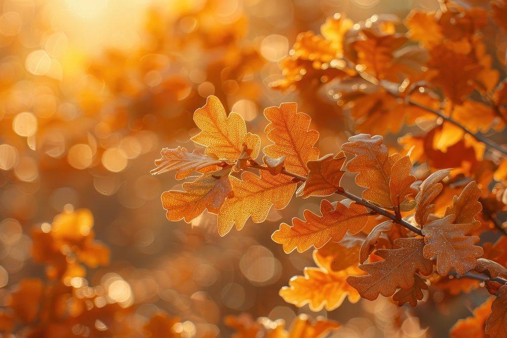 Oak tree leaves autumn vegetation sunlight.