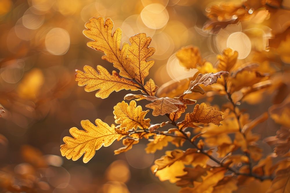 Oak tree leaves autumn vegetation sunlight.