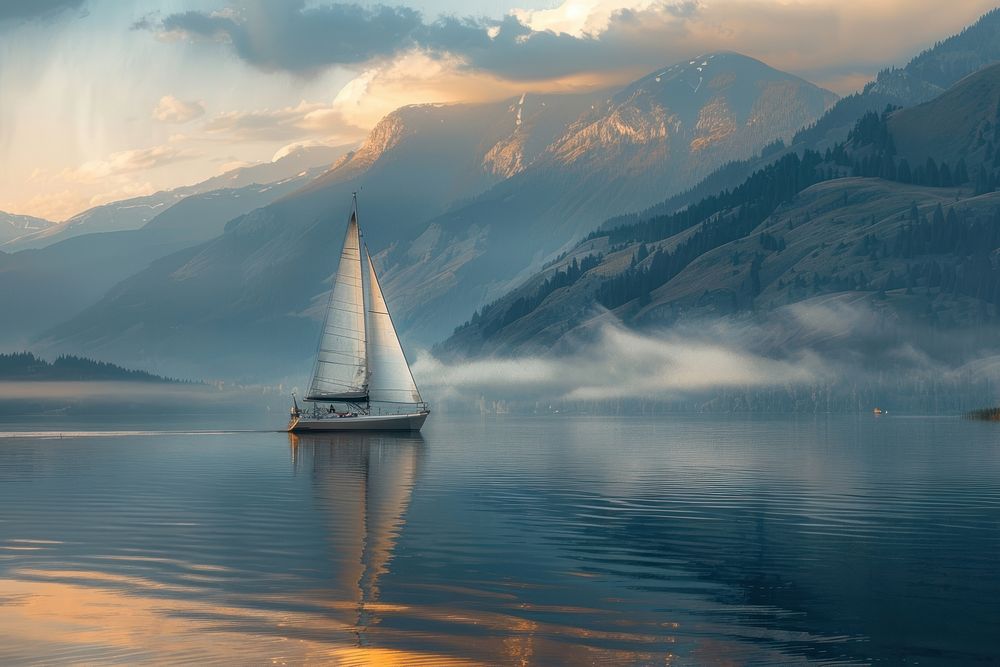 Sailboat sailing near mountain sailboat lake transportation.