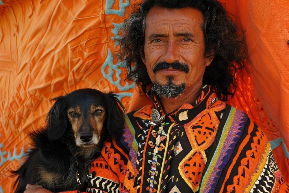 Hispanic man holding dog portrait photography clothing.