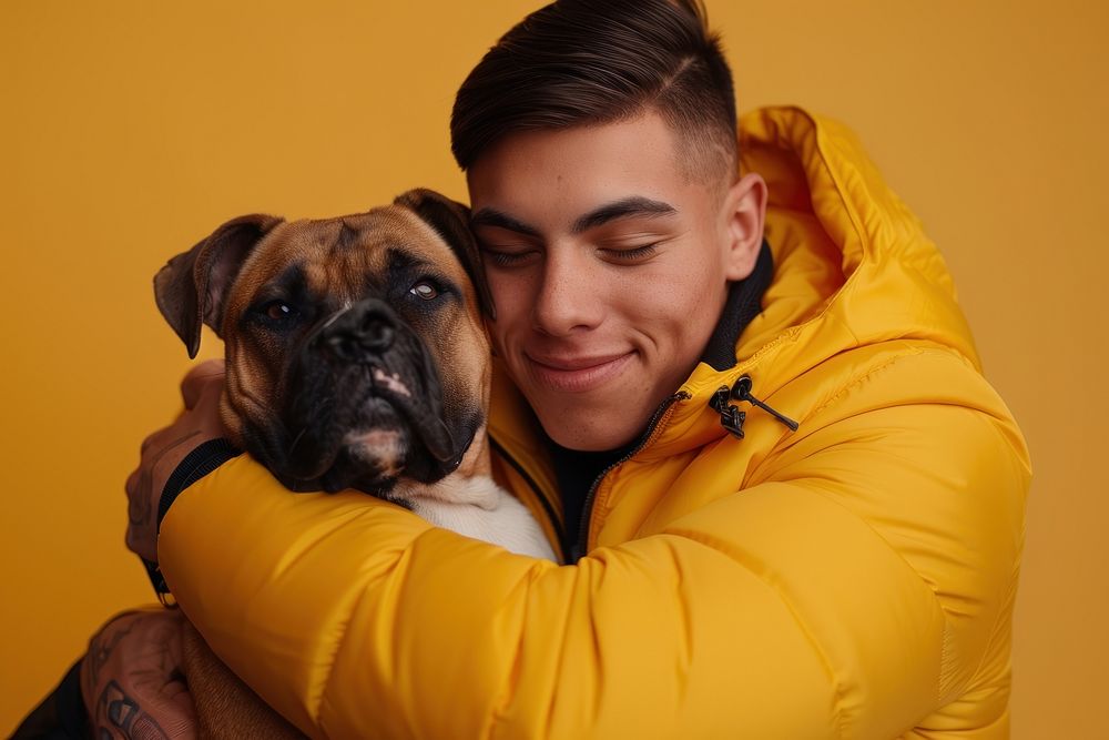 Hispanic man hug dog portrait photography clothing.