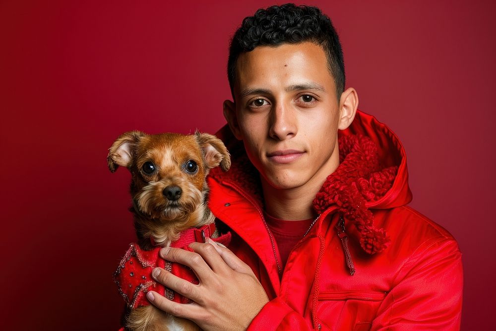 Hispanic man hug dog portrait photography accessories.