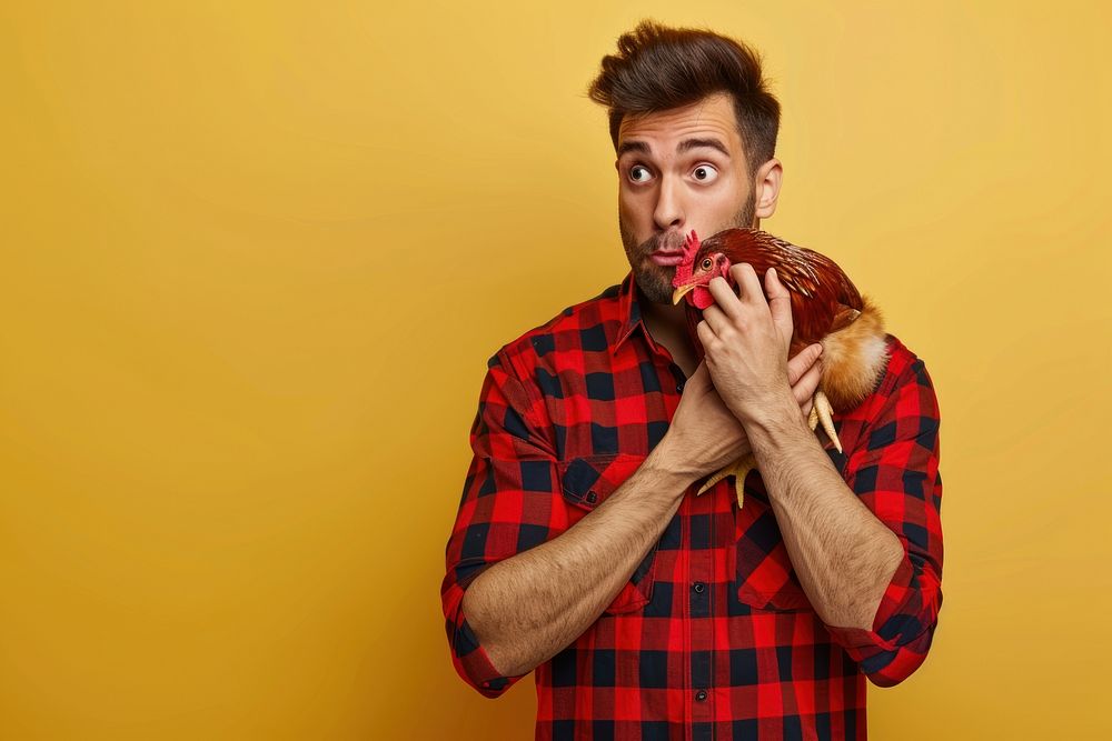 Hispanic men confused chicken person eating biting.