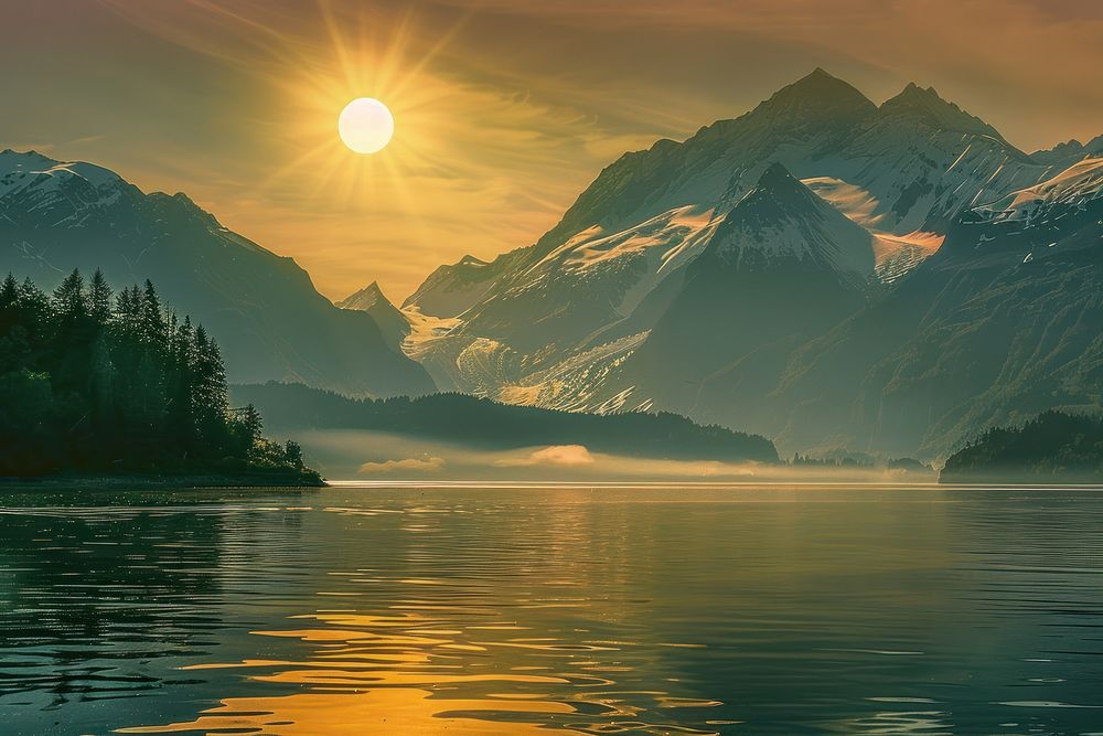 Sun lights mountain water lake.