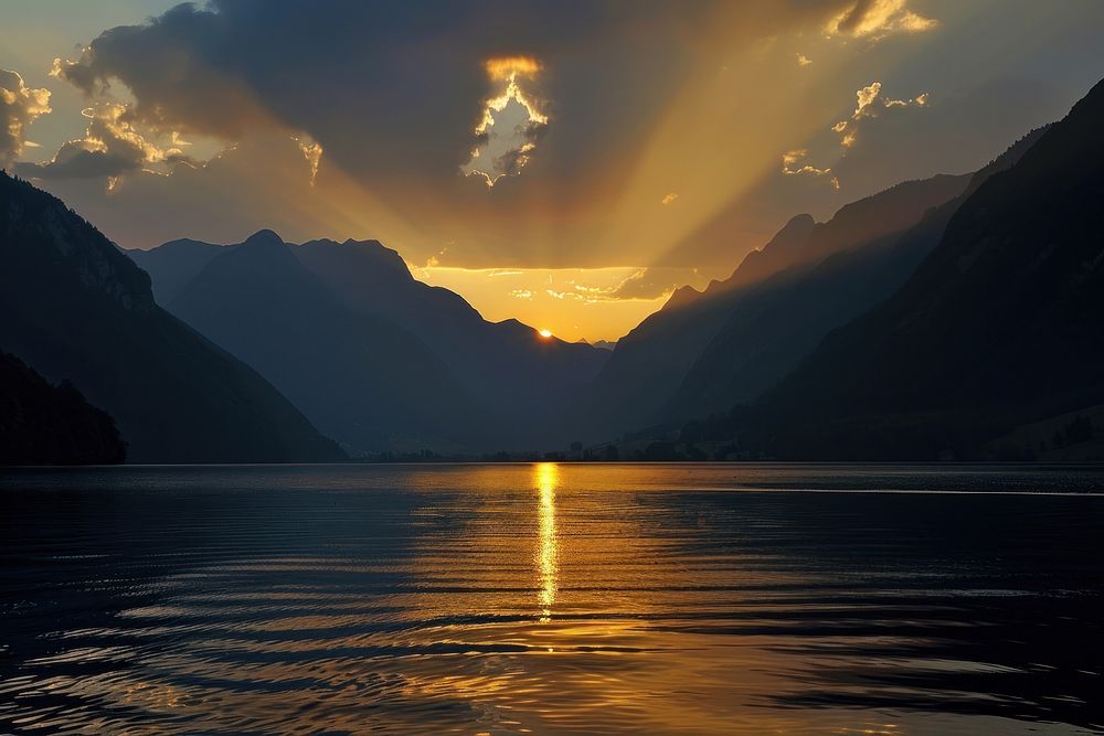 Sun lights water lake landscape.