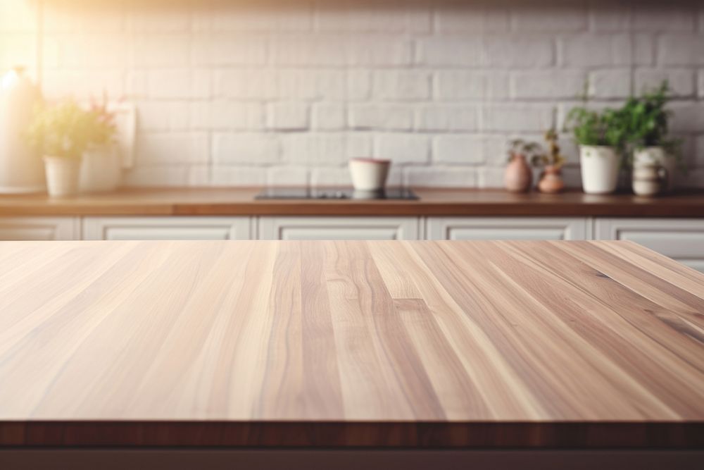 Empty wooden top kitchen furniture tabletop.