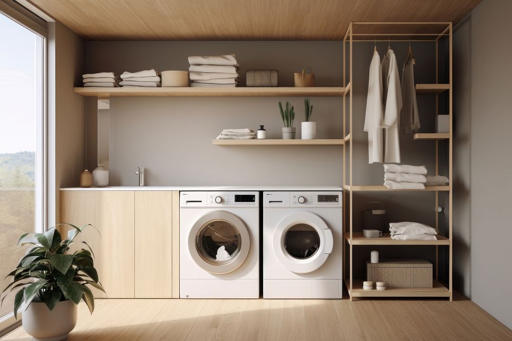 Laundry room appliance furniture indoors.