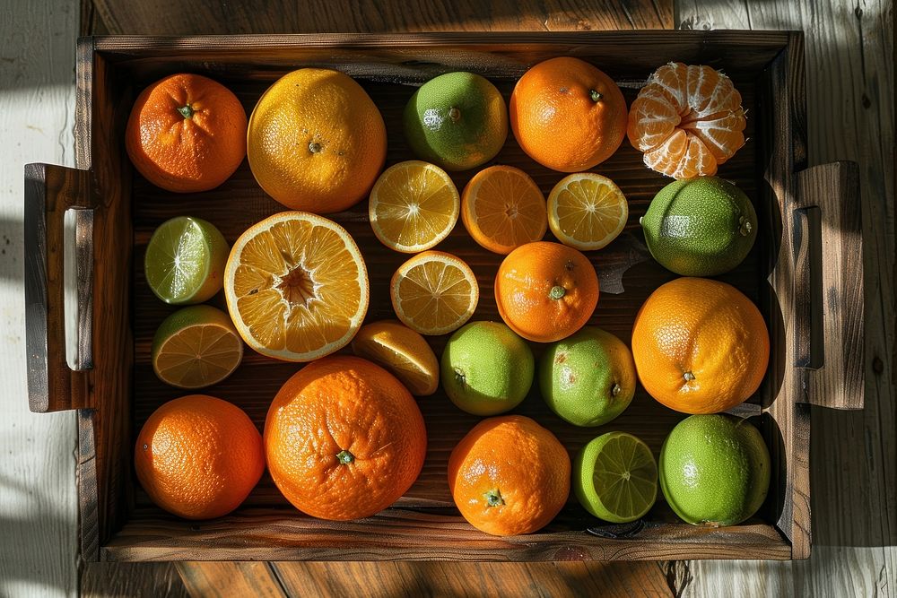 Wooden tray with citrus fruits orange lime produce.