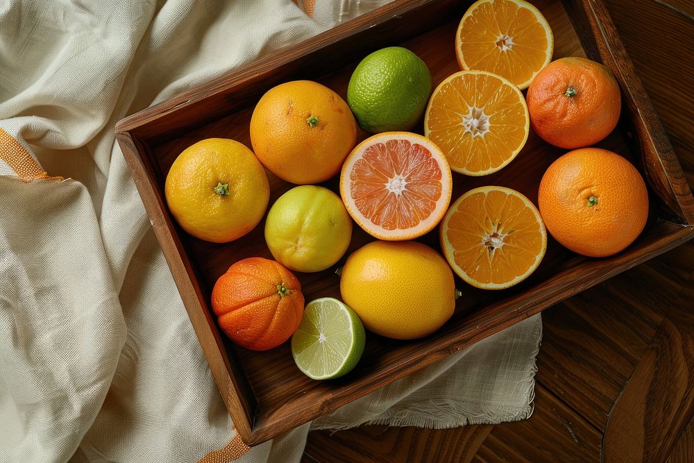 Wooden tray with citrus fruits orange grapefruit produce.