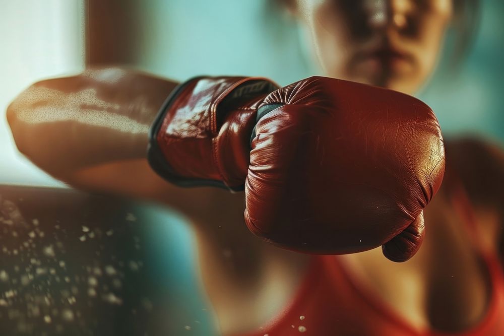 Woman doing kick boxing sweating punching person.