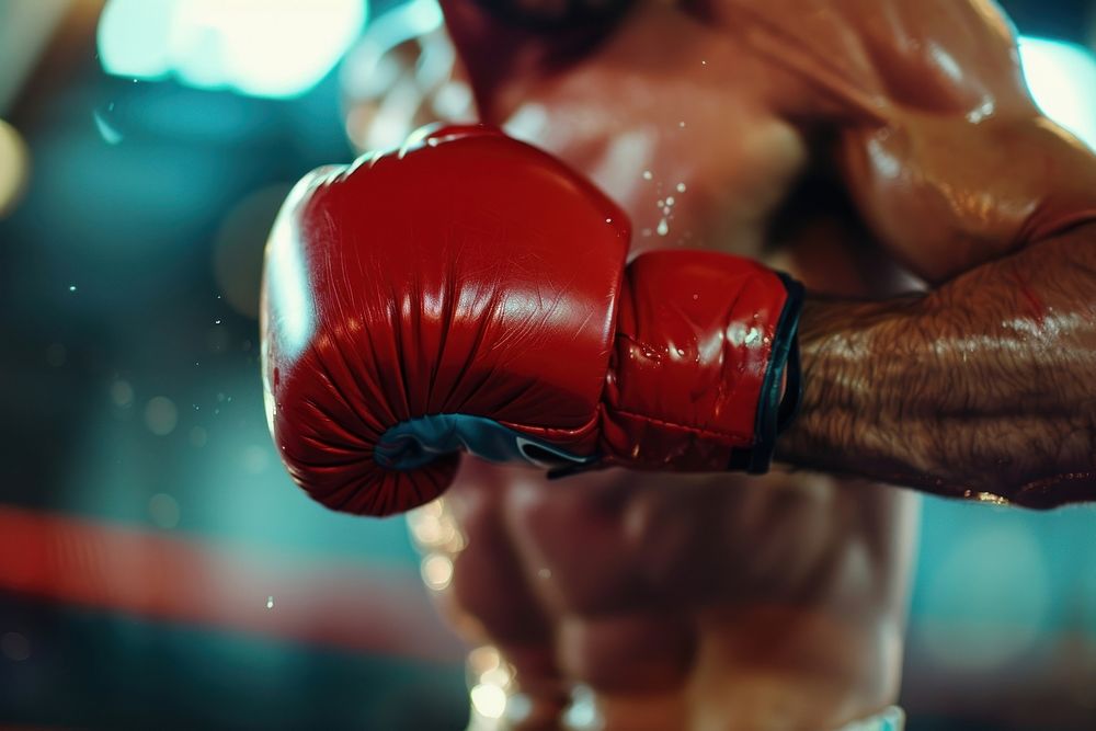 Man doing kick boxing sweating punching person.