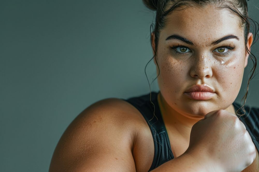 Woman with boxing pose photography portrait sweating.