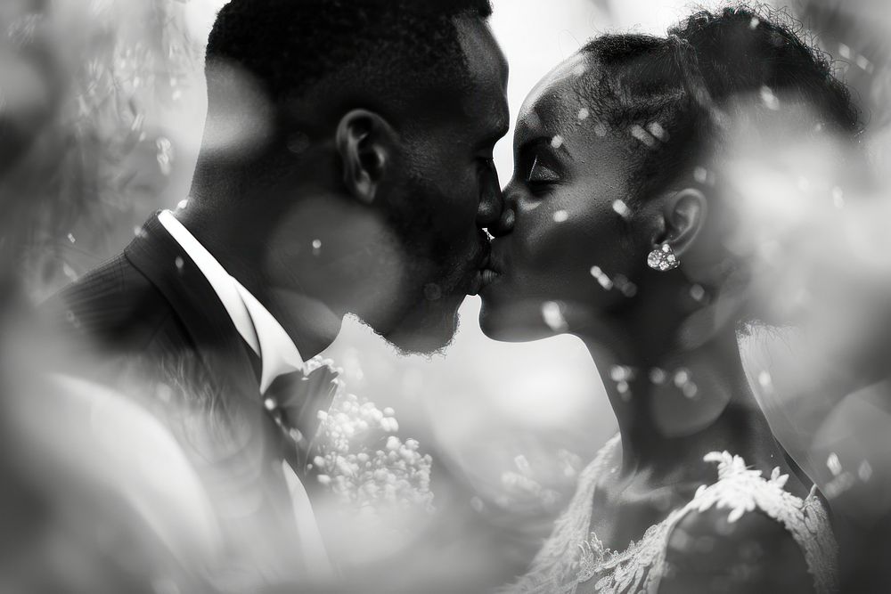 Black wedding couple kiss photography bridegroom portrait.