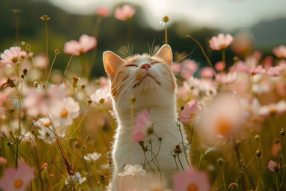 Cat with flower field asteraceae vegetation grassland.