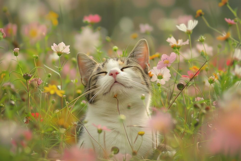 Cat with flower field photography asteraceae vegetation.
