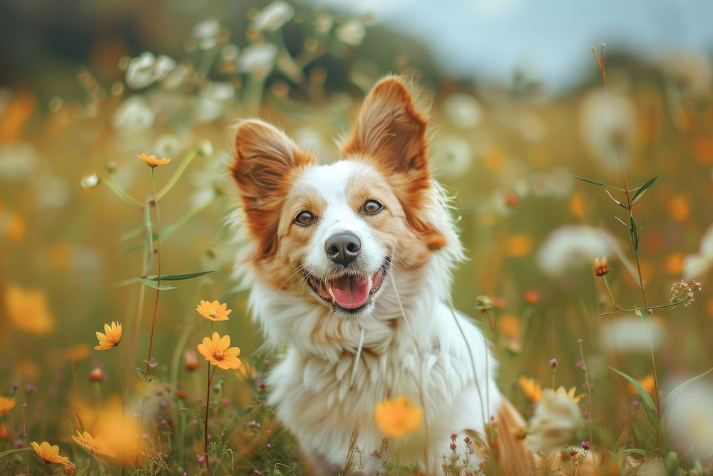 Dog with flower field asteraceae grassland outdoors.