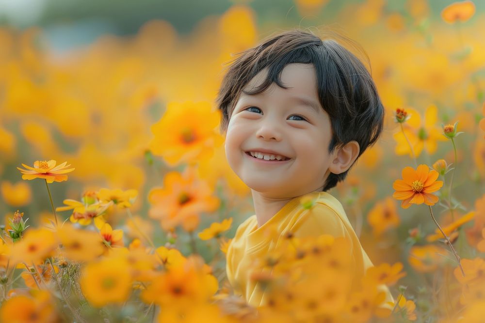 Little boy with flower field photography happy asteraceae.