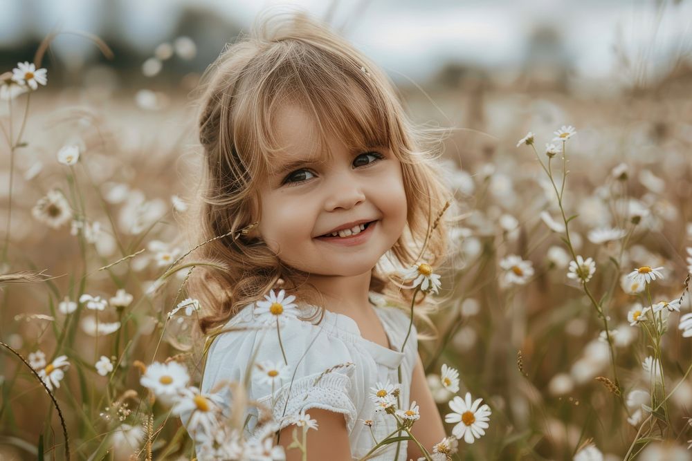Little girl with flower field photography happy asteraceae.