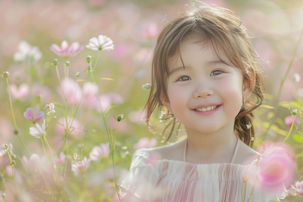 Little girl with flower field photography happy accessories.