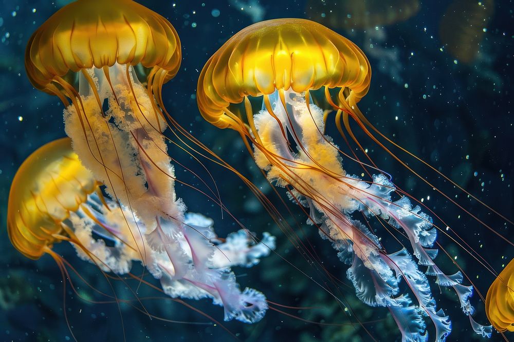 Jellyfish under ocean invertebrate chandelier animal.