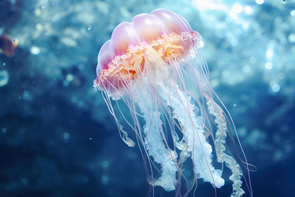 Photo of jellyfish under ocean invertebrate animal person.
