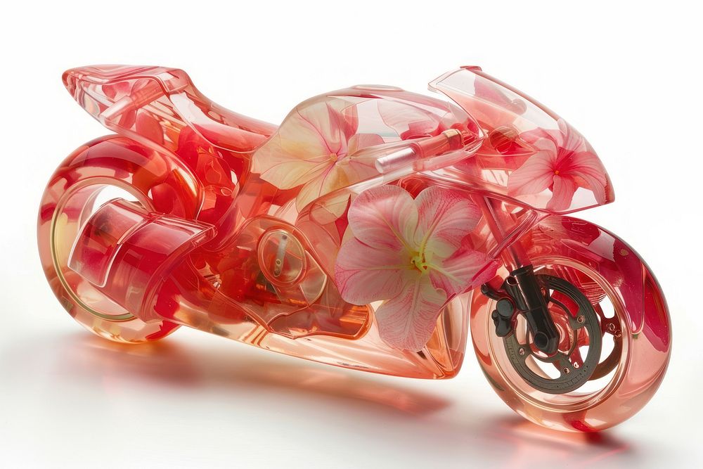 Flower resin motorcycle shaped transportation vehicle blossom.