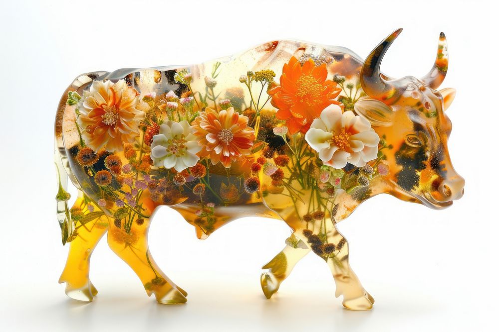 Flower resin bull shaped livestock animal mammal.