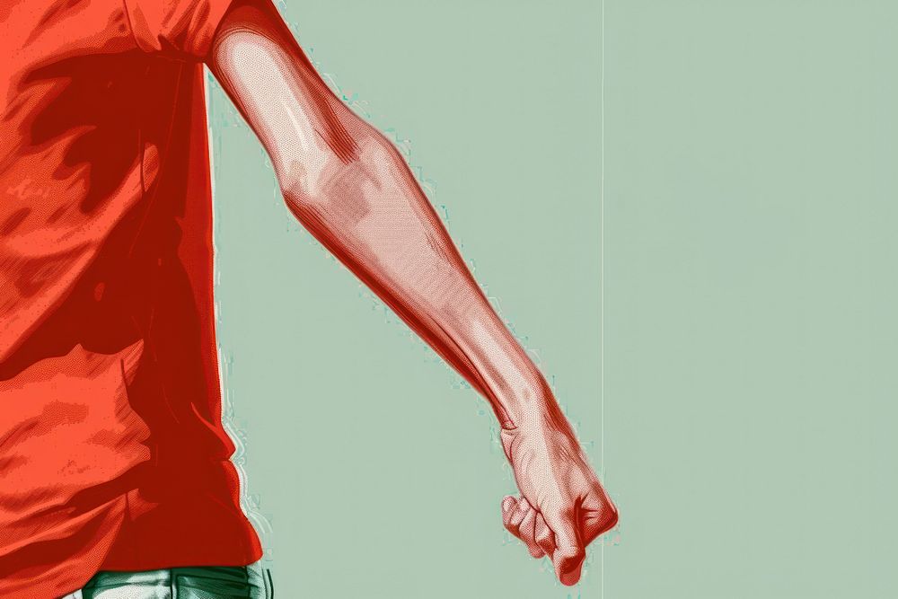 Patient in red t-shirt showing crook of arm person human body part.