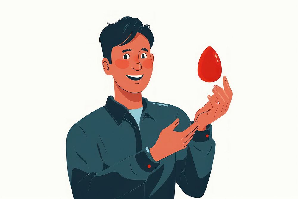 Man holding a red drop juggling cartoon person.