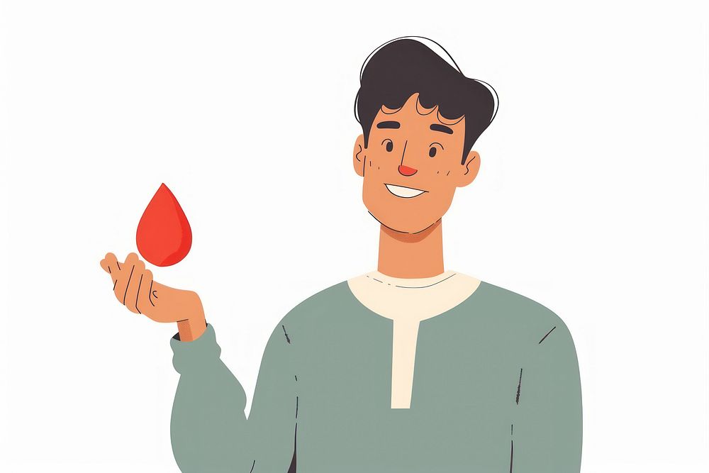 Man holding a red drop art cartoon person.