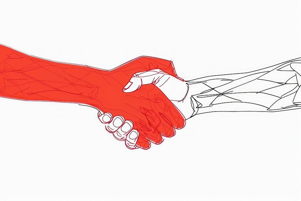 Continuous line drawing red hand shaking with white hand art illustrated handshake.