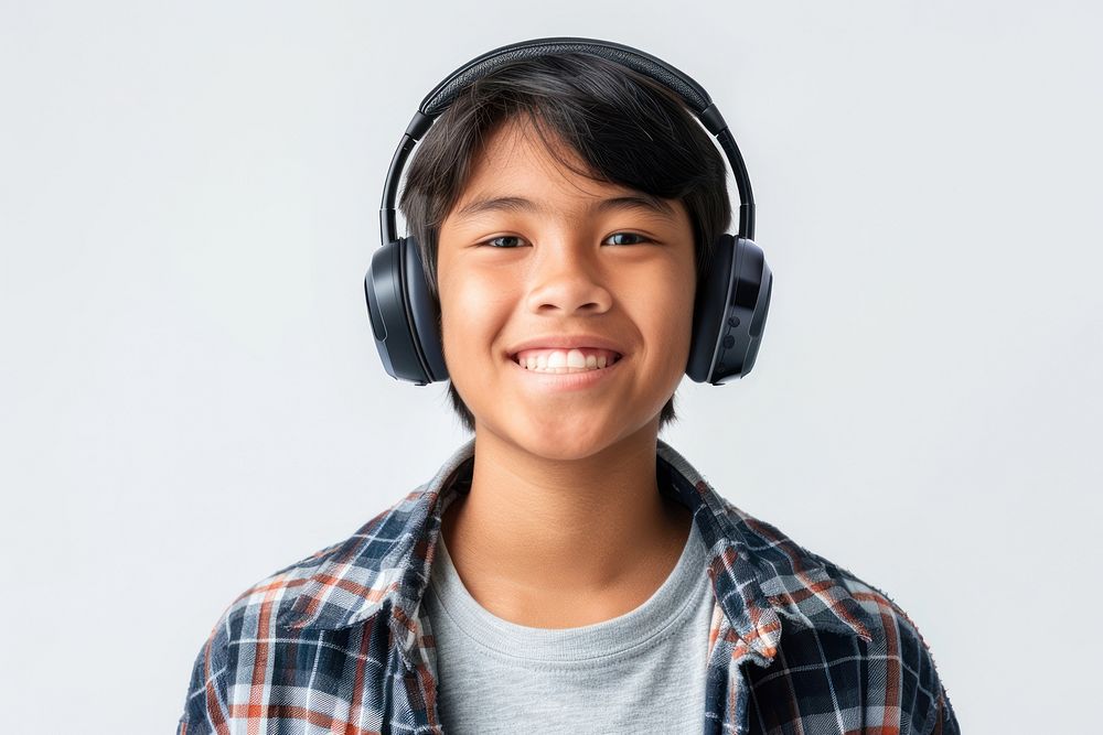 Teenage Filipino wearing wireless headphone headphones portrait photo.