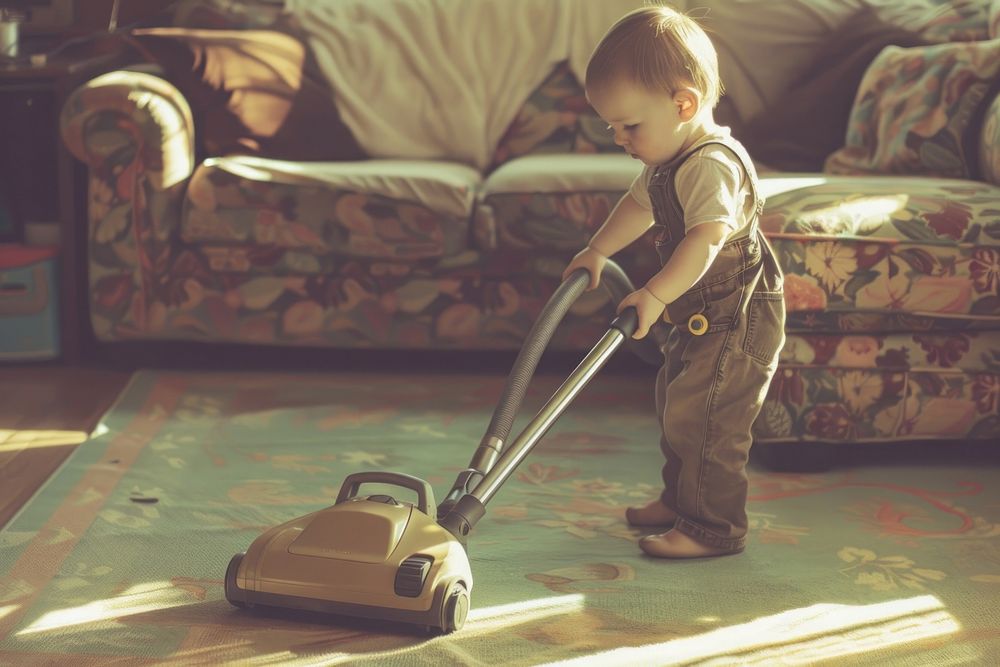 Boy holding vacuum in living room furniture appliance cleaning.
