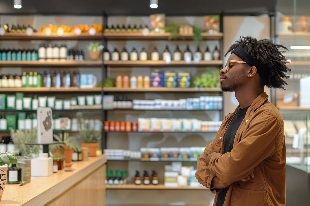 Black man in cannabis shop supermarket indoors person.