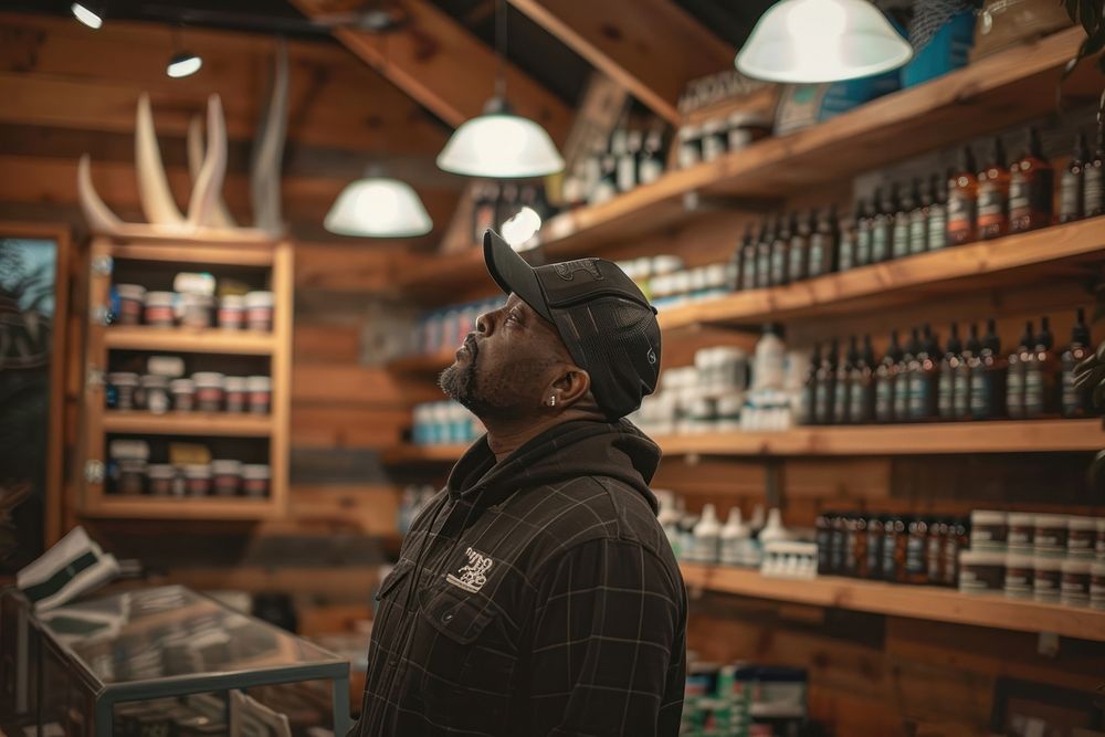 Black man in cannabis shop barbershop clothing apparel.