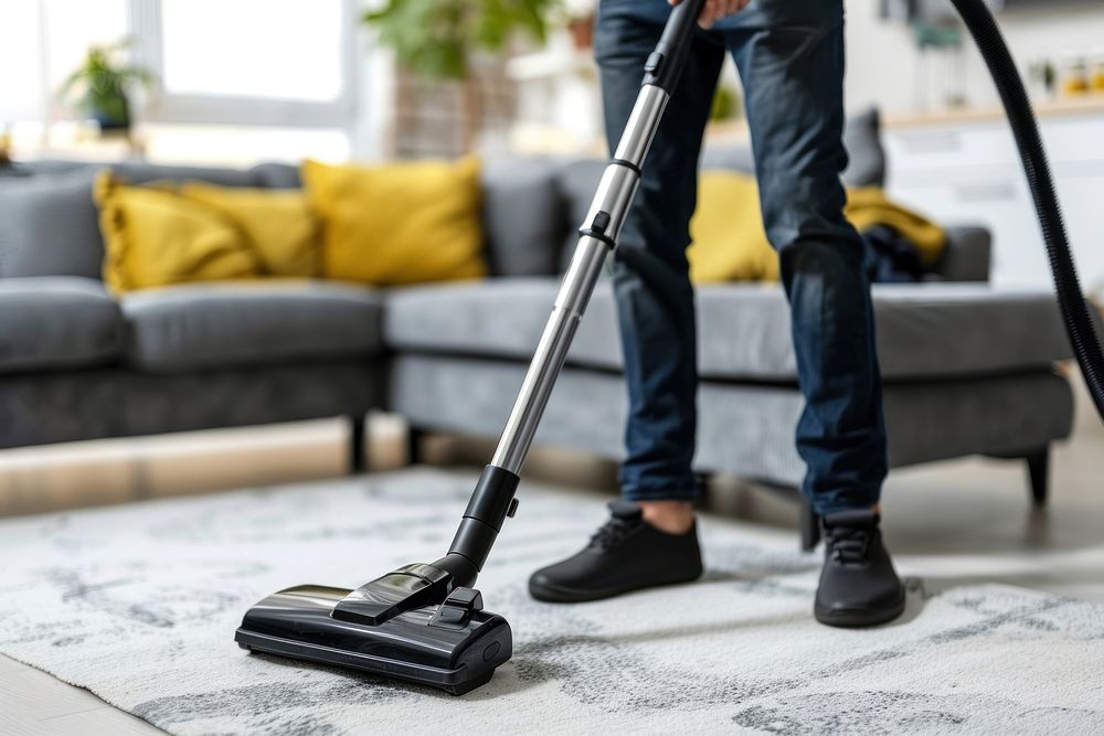 Guy holding vacuum in living room appliance cleaning indoors.