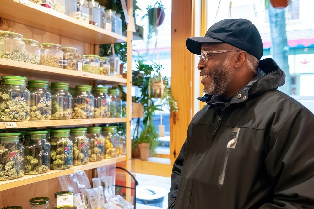 Happy black man in cannabis shop clothing apparel person.