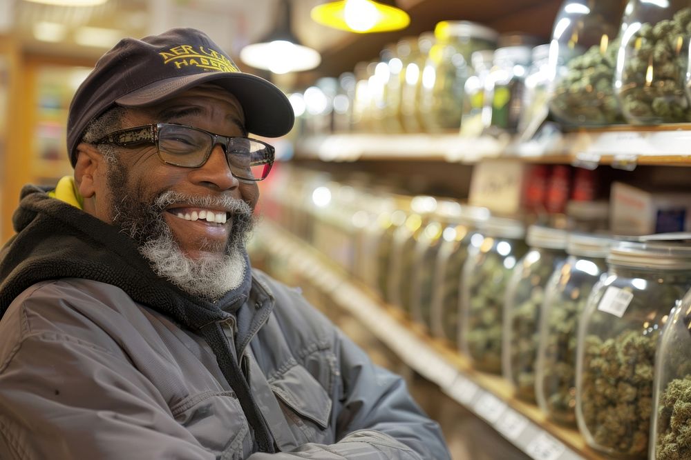 Happy black man in cannabis shop photography accessories accessory.