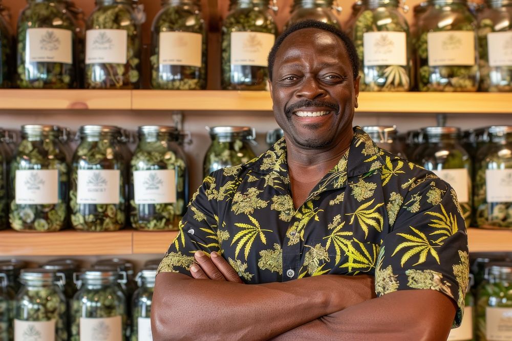 Happy black man in cannabis shop person human head.