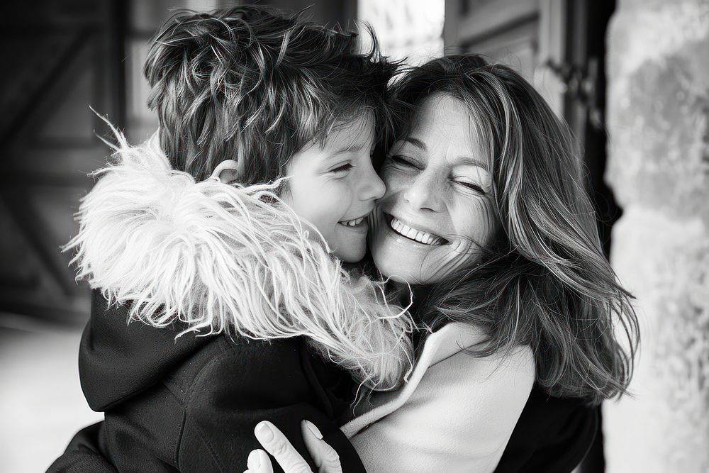 Happy mother and son photography portrait hugging.